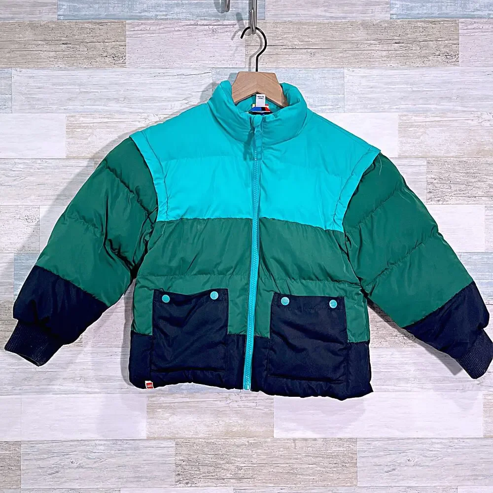 Lego x Target Puffer Jacket Green Colorblock Removable Sleeve Kids Boys Small